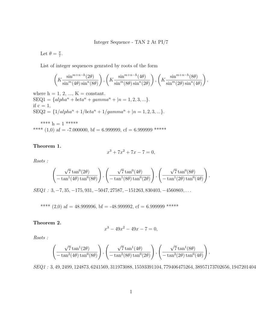 Pdf Integer Sequence Tan 2 At Pi 7