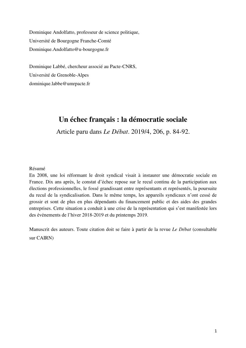 Pdf Un Echec Francais La Democratie Sociale