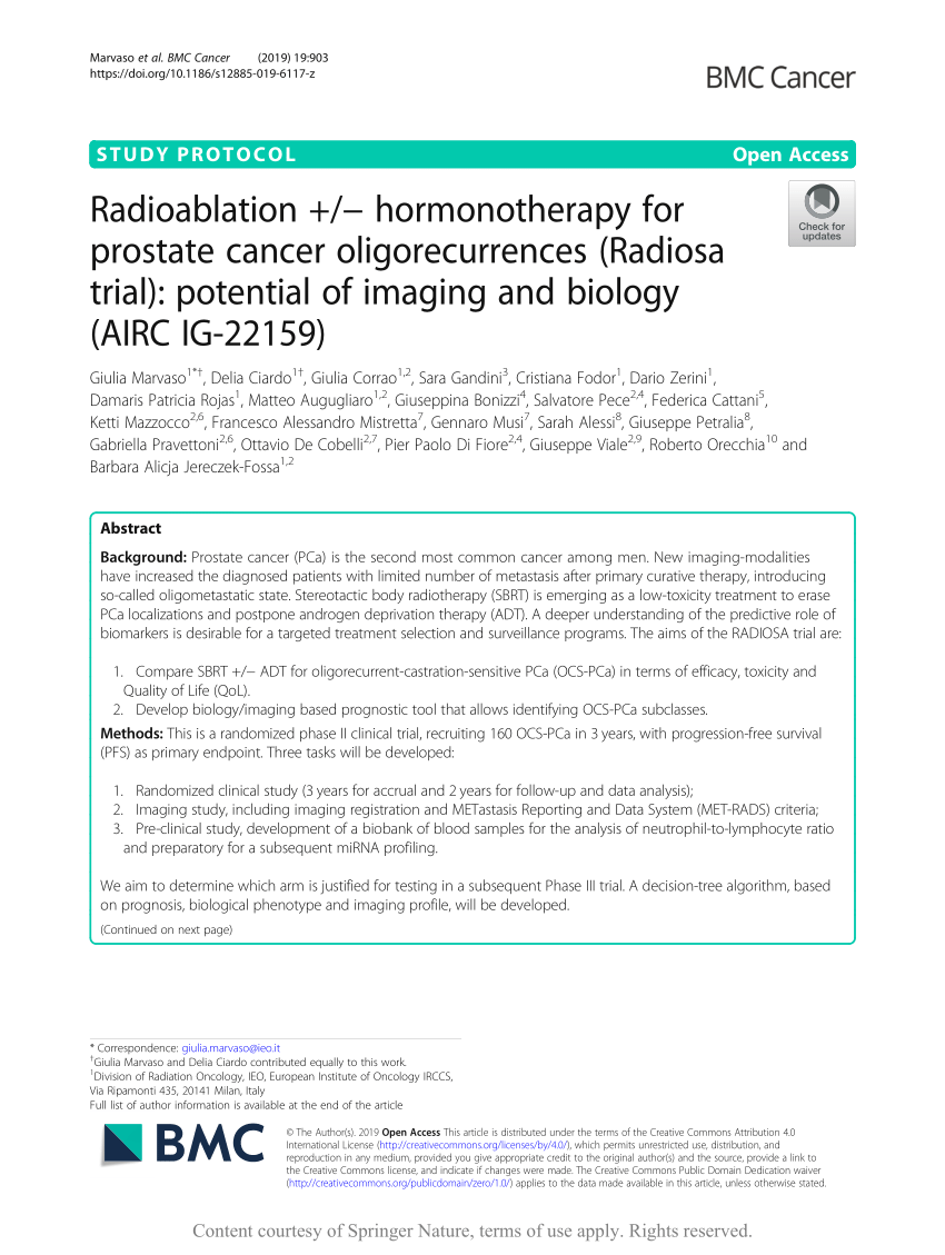 Pdf Radioablation Hormonotherapy For Prostate Cancer Oligorecurrences Radiosa Trial Potential Of Imaging And Biology Airc Ig