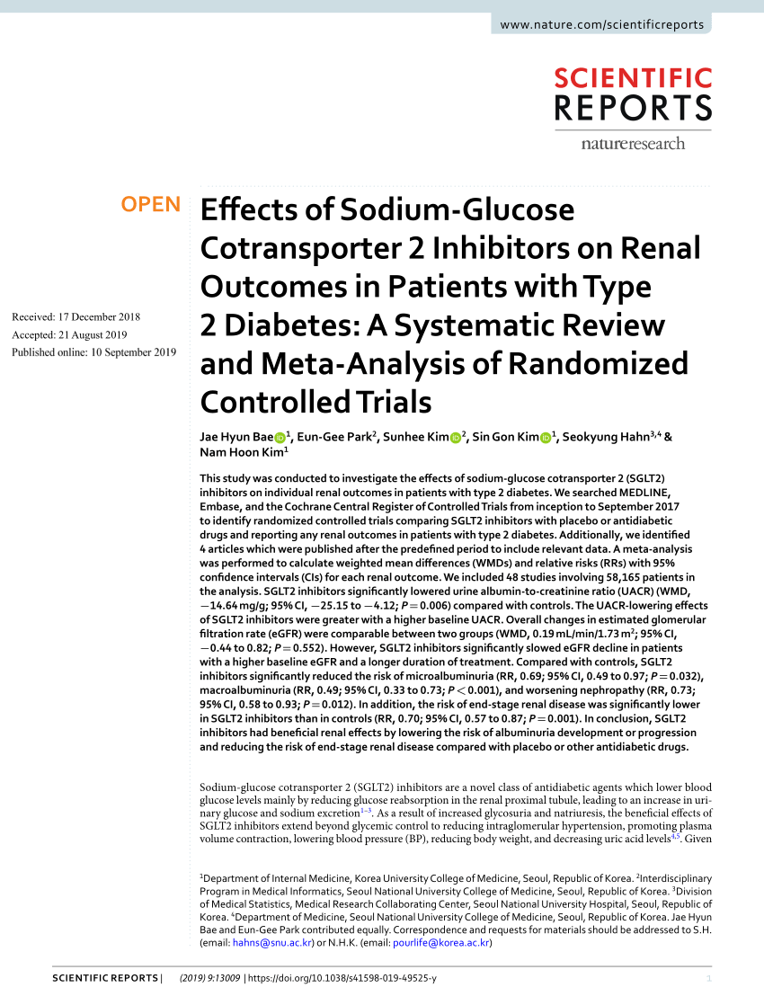 Pdf Effects Of Sodium Glucose Cotransporter 2 Inhibitors On Renal Outcomes In Patients With Type 2 Diabetes A Systematic Review And Meta Analysis Of Randomized Controlled Trials