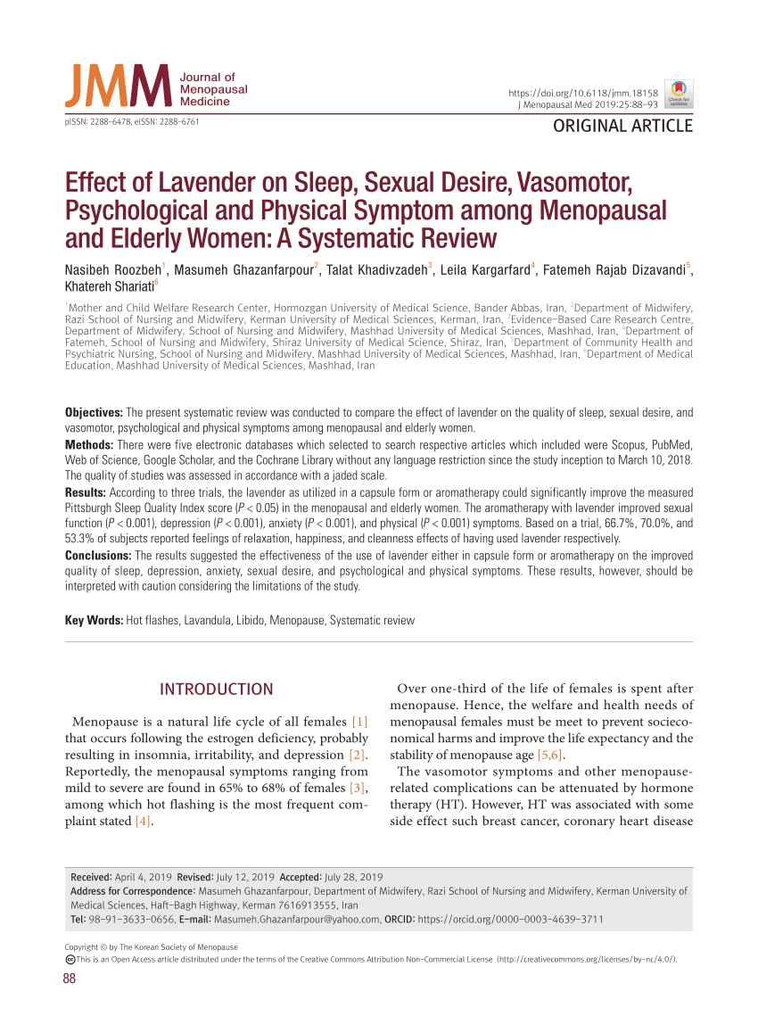 PDF) Effect of Lavender on Sleep, Sexual Desire, Vasomotor, Psychological and Physical Symptom among Menopausal and Elderly Women A Systematic Review image pic pic