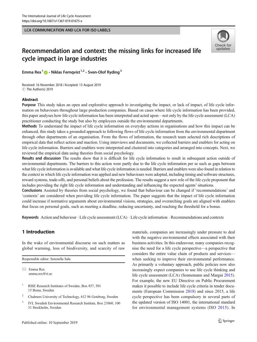 Pdf Recommendation And Context The Missing Links For Increased Life Cycle Impact In Large Industries