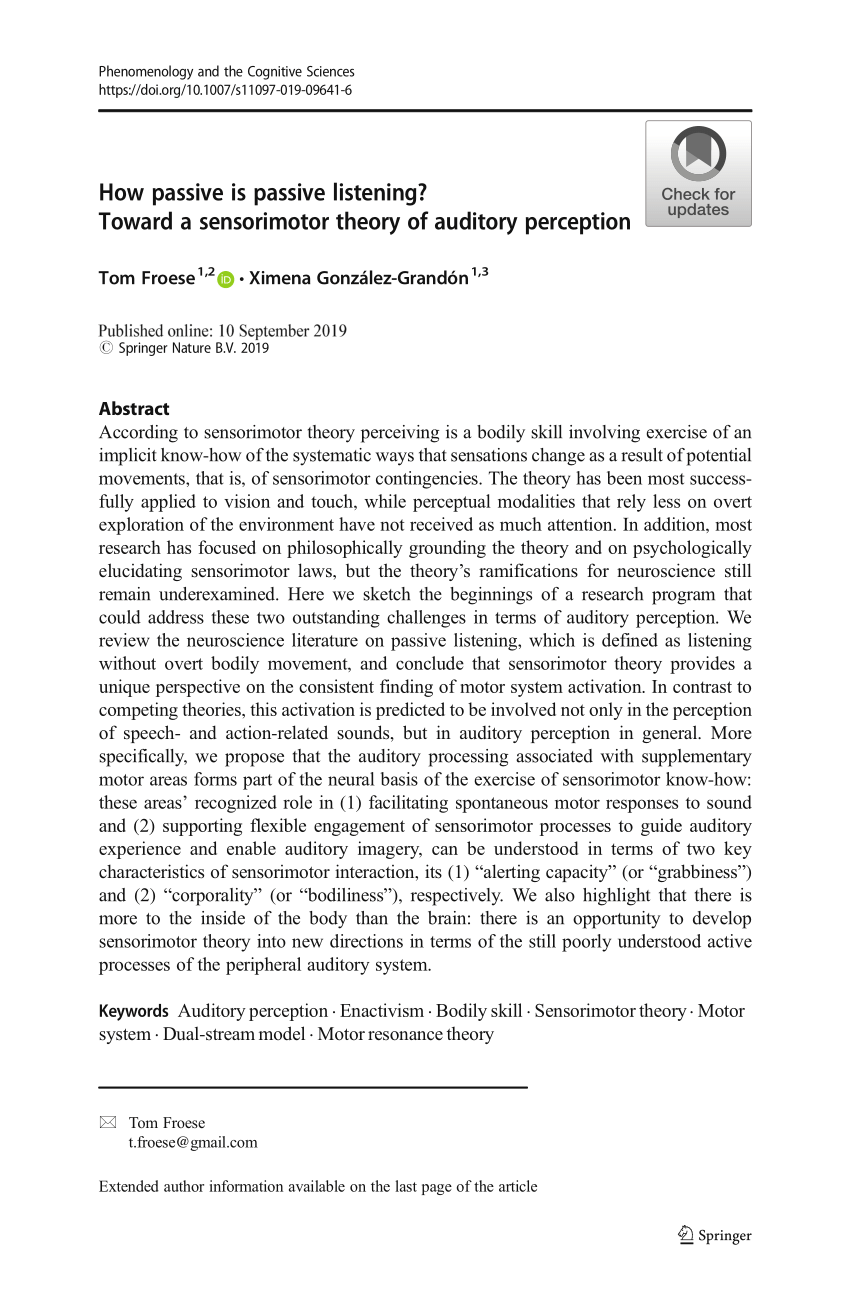 Pdf How Passive Is Passive Listening Toward A Sensorimotor Theory Of Auditory Perception