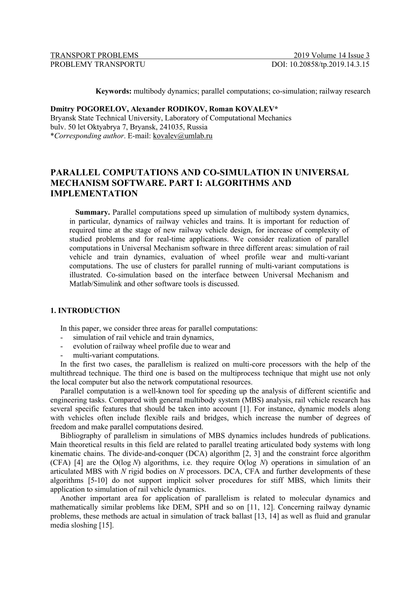 Pdf Parallel Computations And Co Simulation In Universal Mechanism Software Part I Algorithms And Implementation
