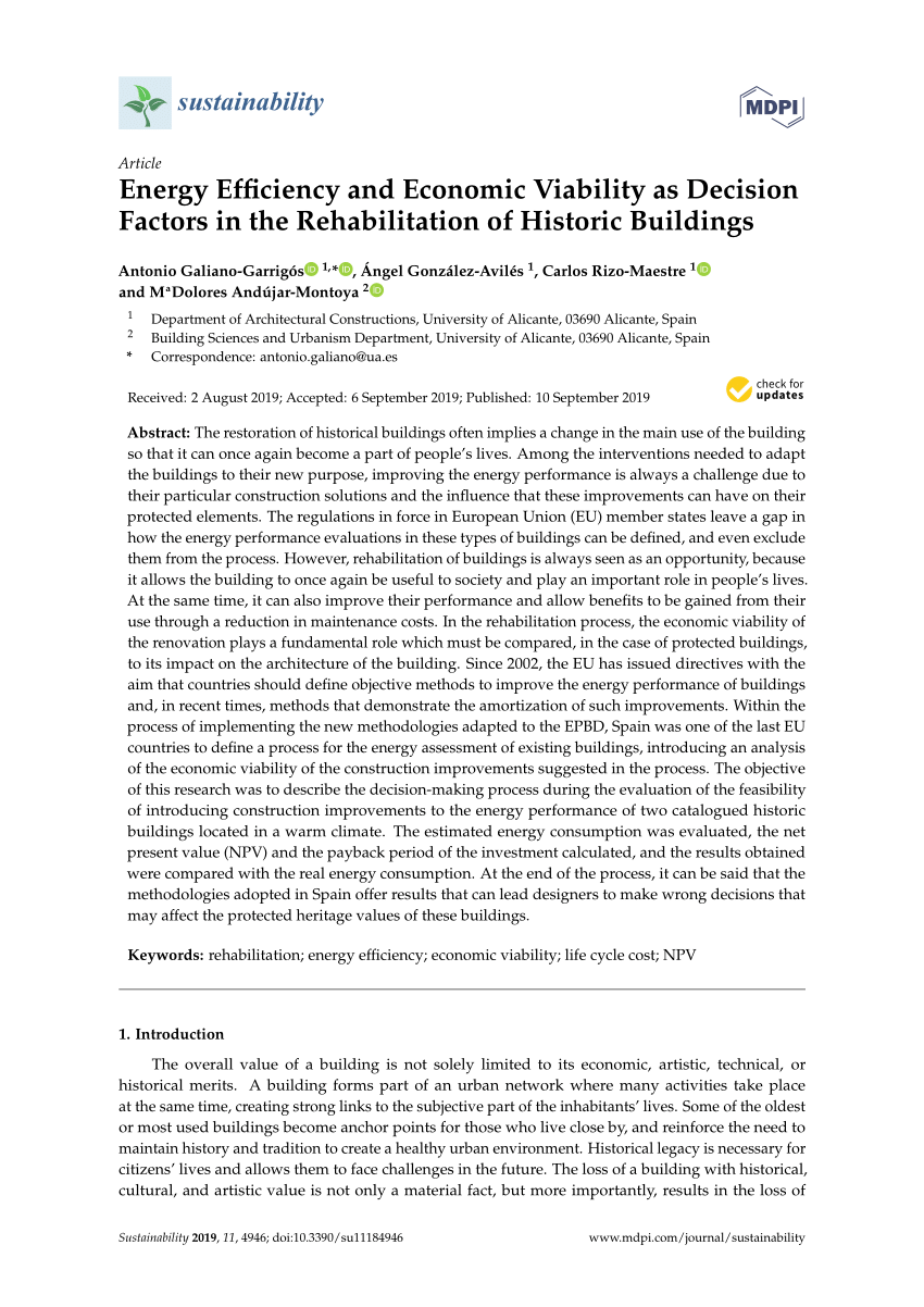 Pdf Energy Efficiency And Economic Viability As Decision Factors In The Rehabilitation Of Historic Buildings