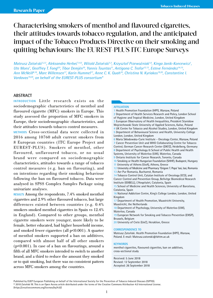 Pdf Characterising Smokers Of Menthol And Flavoured Cigarettes Their Attitudes Towards Tobacco Regulation And The Anticipated Impact Of The Tobacco Products Directive On Their Smoking And Quitting Behaviours The Eurest Plus Itc Europe