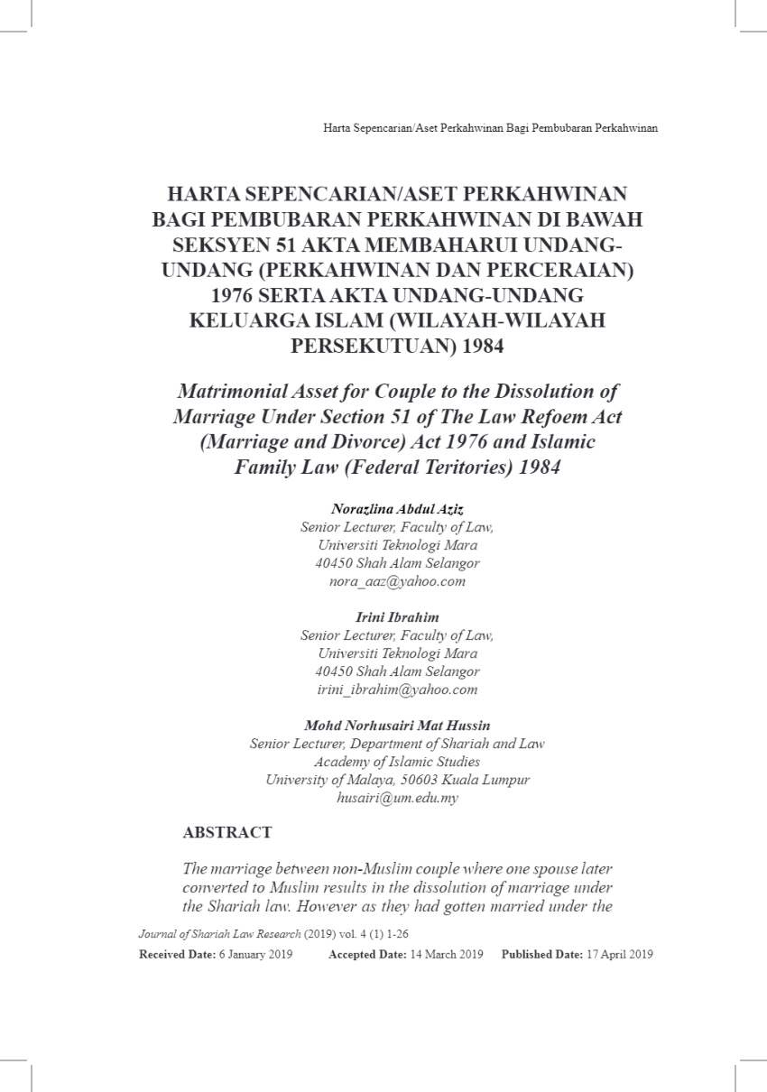 PDF) HARTA SEPENCARIAN/ASET PERKAHWINAN BAGI PEMBUBARAN 