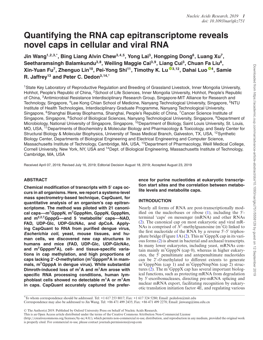 PDF) Quantifying the RNA cap epitranscriptome reveals novel caps in  cellular and viral RNA