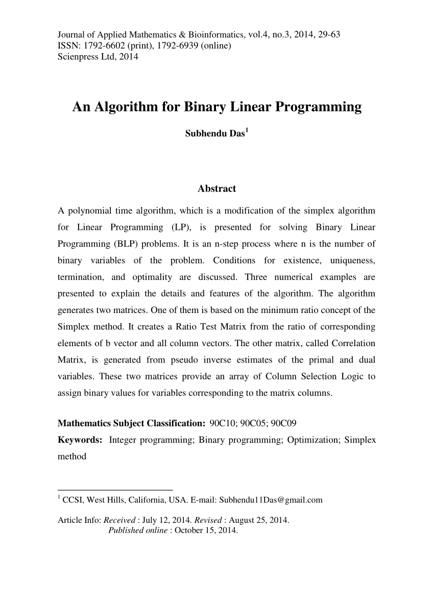 Pdf An Algorithm For Binary Linear Programming