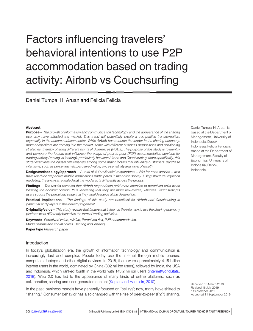 Pdf Factors Influencing Travelers Behavioral Intentions To Use P2p Accommodation Based On Trading Activity Airbnb Vs Couchsurfing