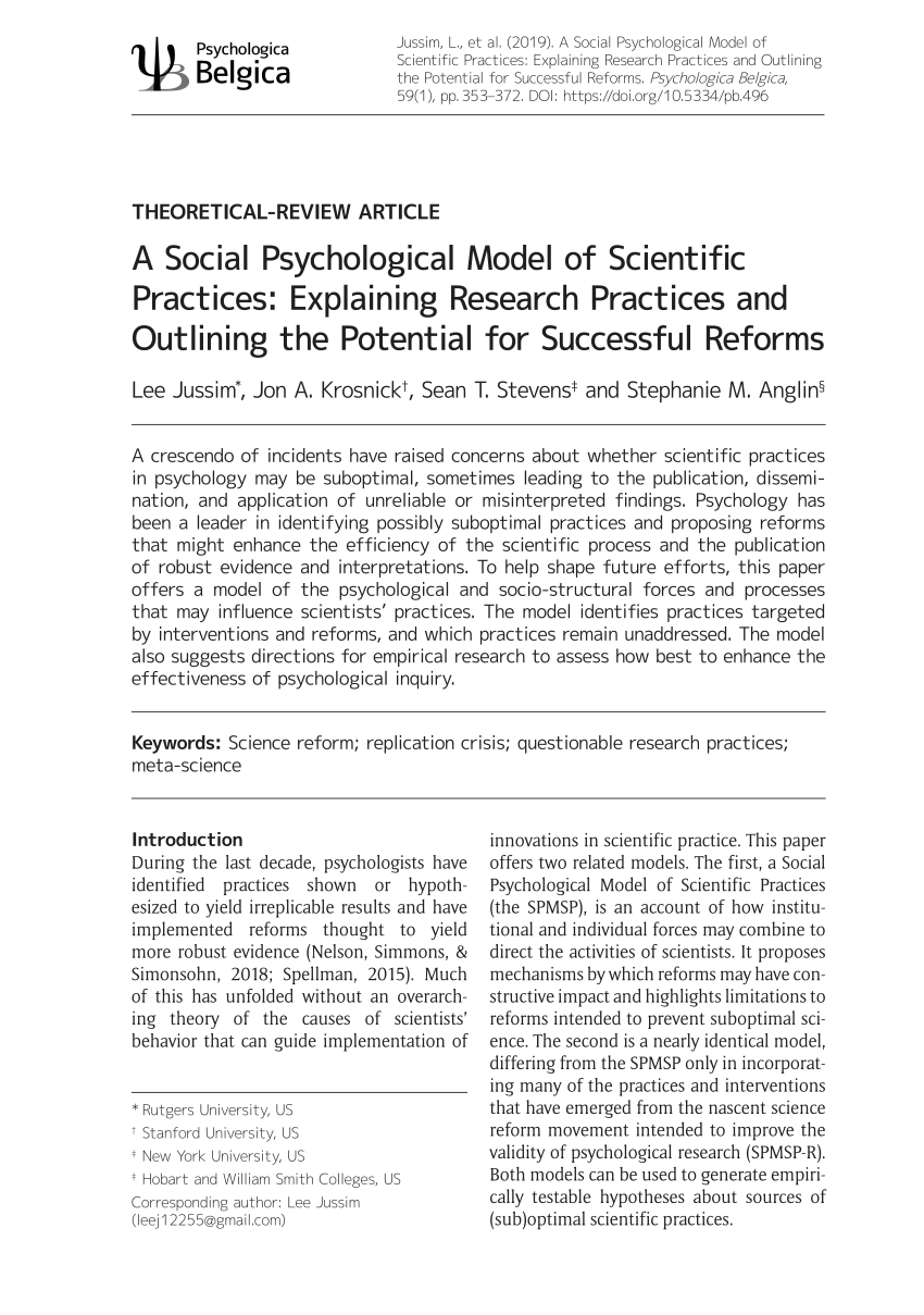 PDF) A Social Psychological Model of Scientific Practices: Explaining  Research Practices and Outlining the Potential for Successful Reforms