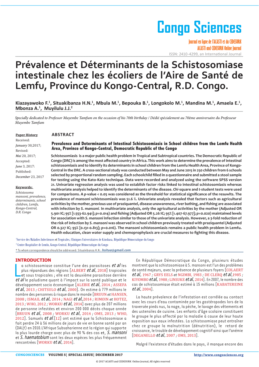 Pdf Prevalence Et Determinants De La Schistosomiase Intestinale Chez Les Ecoliers De L Aire De Sante De Lemfu Province Du Kongo Central R D Congo