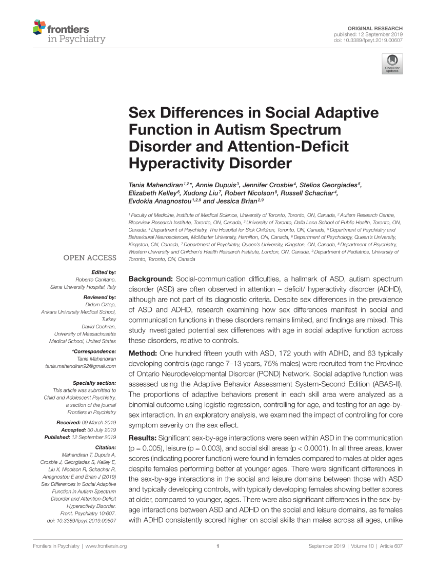 Pdf Sex Differences In Social Adaptive Function In Autism Spectrum Disorder And Attention 9247