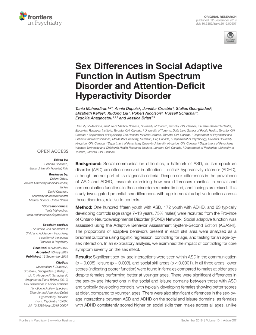 Pdf Sex Differences In Social Adaptive Function In Autism Spectrum