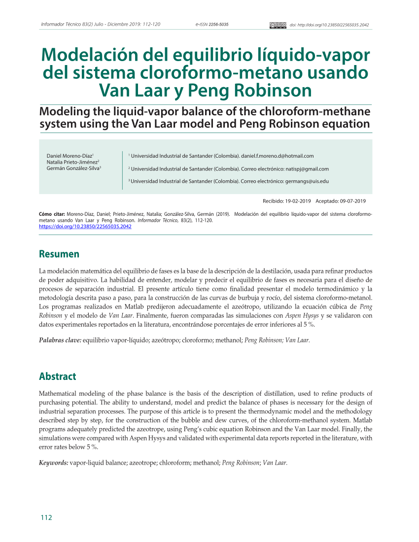 PDF) Modelación del equilibrio líquido-vapor del sistema cloroformo-metano  usando Van Laar y Peng Robinson
