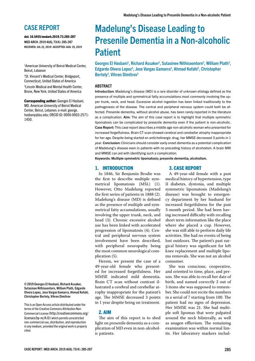 Pdf Madelungs Disease Leading To Presenile Dementia In A Non Alcoholic Patient 