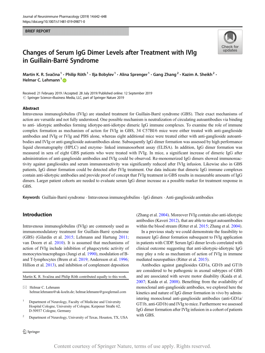 Changes Of Serum Igg Dimer Levels After Treatment With Ivig In Guillain Barre Syndrome Request Pdf