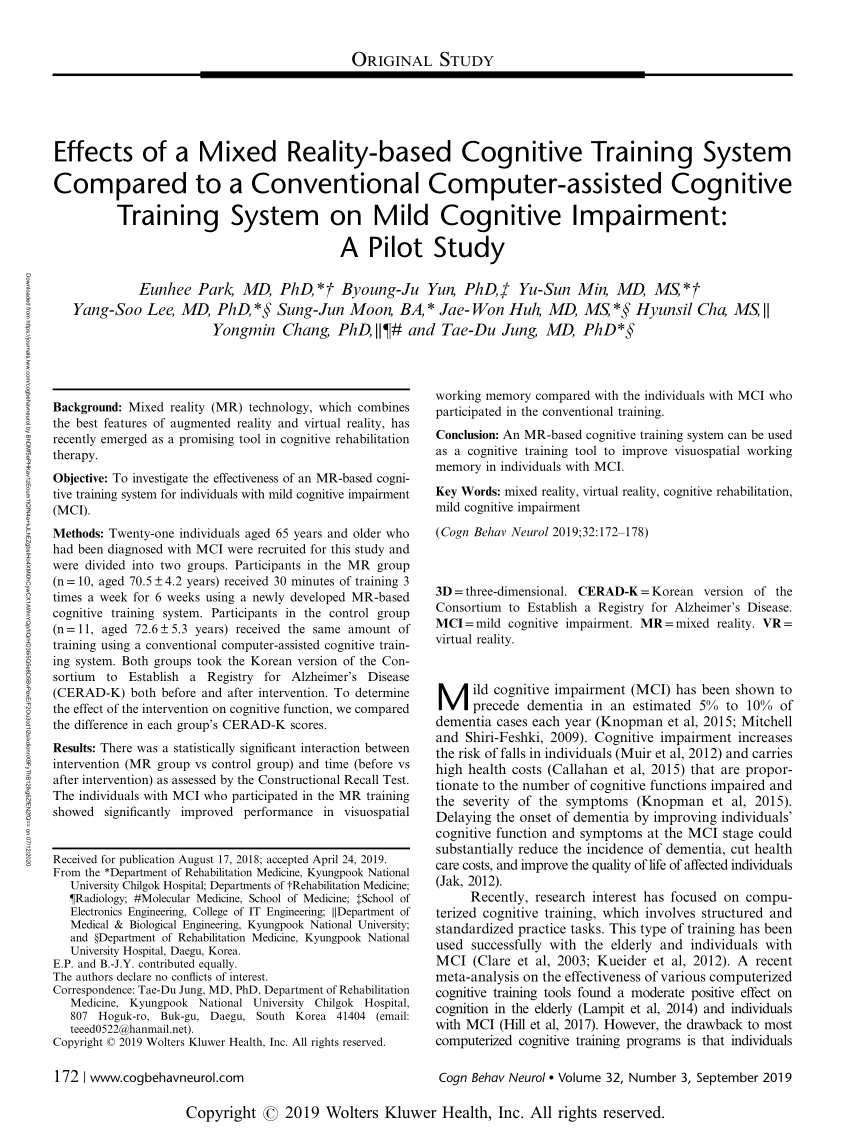 PDF) Effects of a Mixed Reality-based Cognitive Training System Compared to  a Conventional Computer-assisted Cognitive Training System on Mild  Cognitive Impairment: A Pilot Study