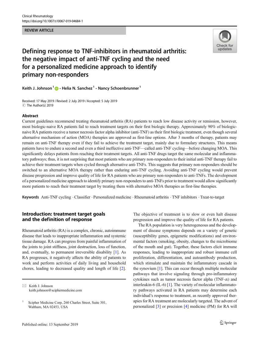 Pdf Defining Response To Tnf Inhibitors In Rheumatoid Arthritis The Negative Impact Of Anti Tnf Cycling And The Need For A Personalized Medicine Approach To Identify Primary Non Responders