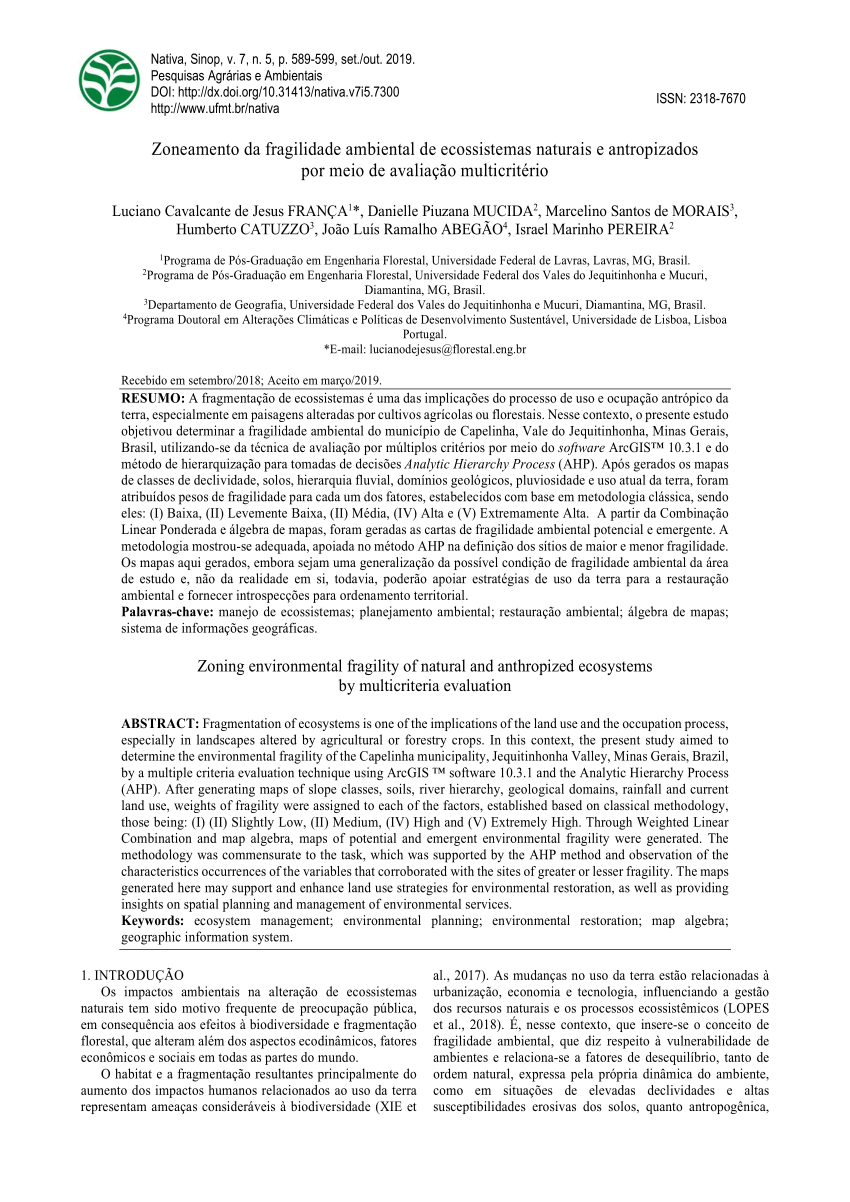 Pdf Zoneamento Da Fragilidade Ambiental De Ecossistemas Naturais E Antropizados Por Meio De 4538