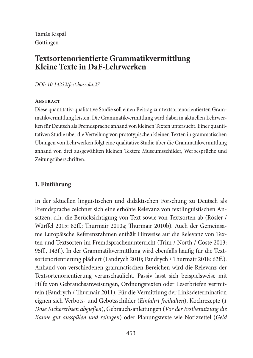 PDF) Textsortenorientierte Grammatikvermittlung: Kleine Texte in  DaF-Lehrwerken