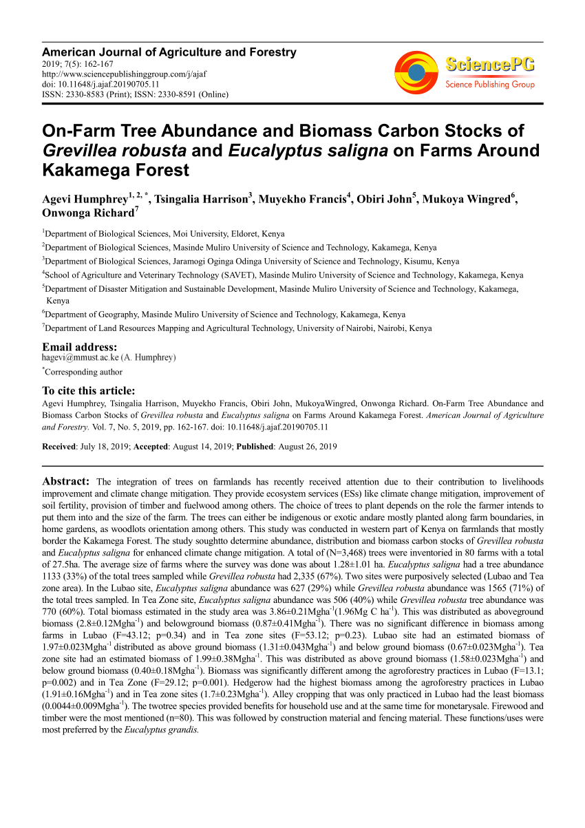 Pdf On Farm Tree Abundance And Biomass Carbon Stocks Of Grevillea Robusta And Eucalyptus Saligna On Farms Around Kakamega Forest
