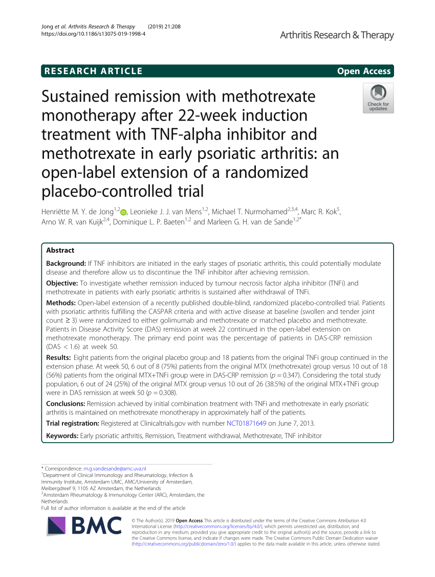 Pdf Sustained Remission With Methotrexate Monotherapy After 22 Week Induction Treatment With 4525