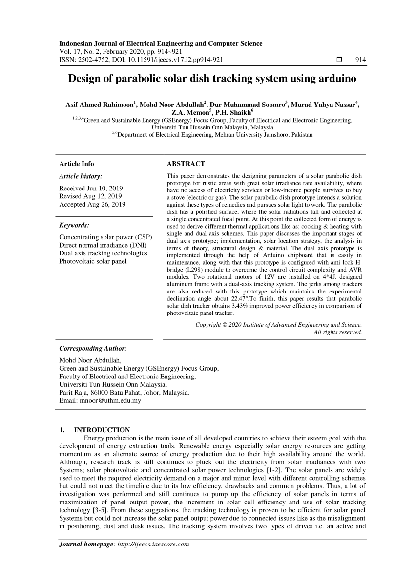 Pdf Design Of Parabolic Solar Dish Tracking System Using Arduino