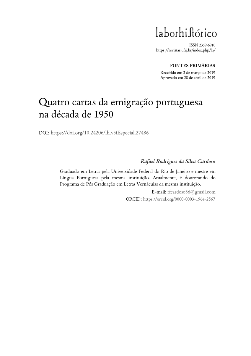 Pdf Quatro Cartas Da Emigração Portuguesa Na Década De 1950 7933