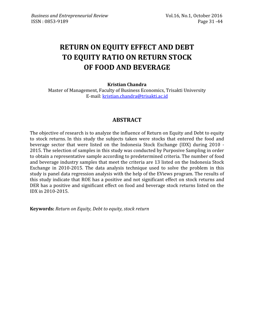 Pdf Return On Equity Effect And Debt To Equity Ratio On Return Stock Of Food And Beverage