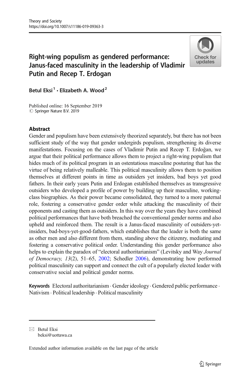 pdf right wing populism as gendered performance janus faced masculinity in the leadership of vladimir putin and recep t erdogan