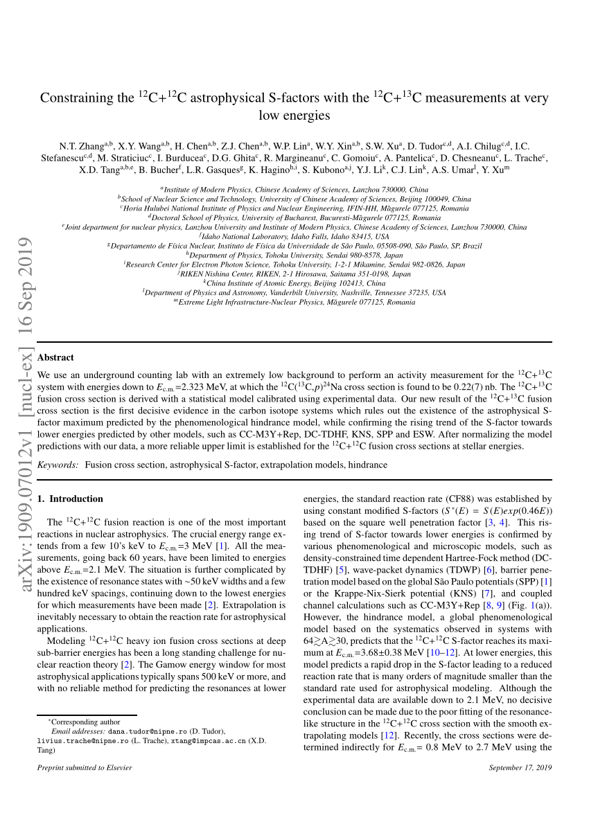 Pdf Constraining The 12 C 12 C Astrophysical S Factors With The 12 C 13 C Measurements At Very Low Energies