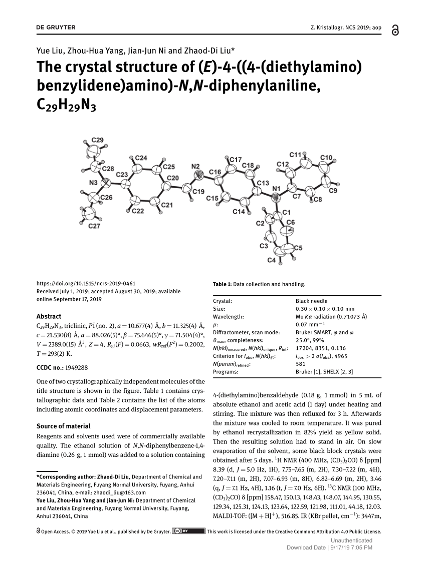 Pdf The Crystal Structure Of E 4 4 Diethylamino Benzylidene Amino N N Diphenylaniline C29h29n3