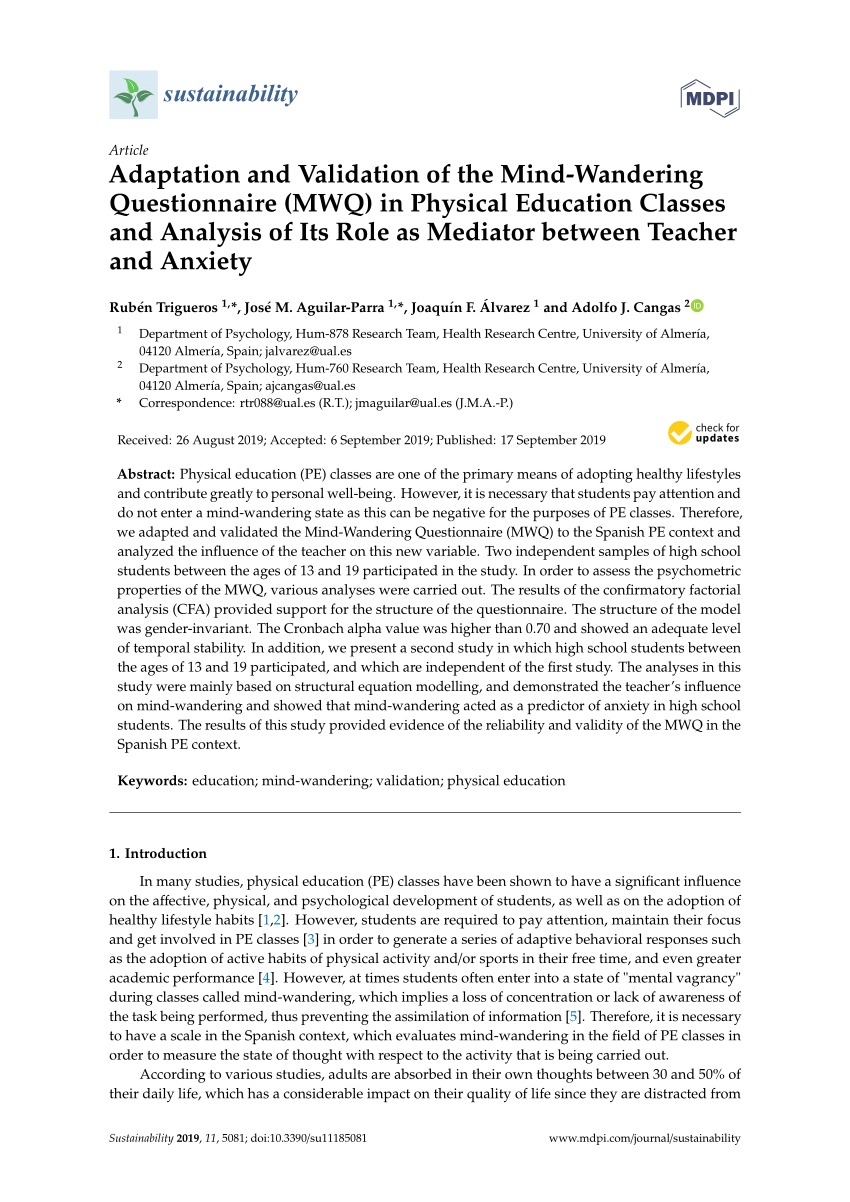 Pdf Adaptation And Validation Of The Mind Wandering Questionnaire Mwq In Physical Education Classes And Analysis Of Its Role As Mediator Between Teacher And Anxiety