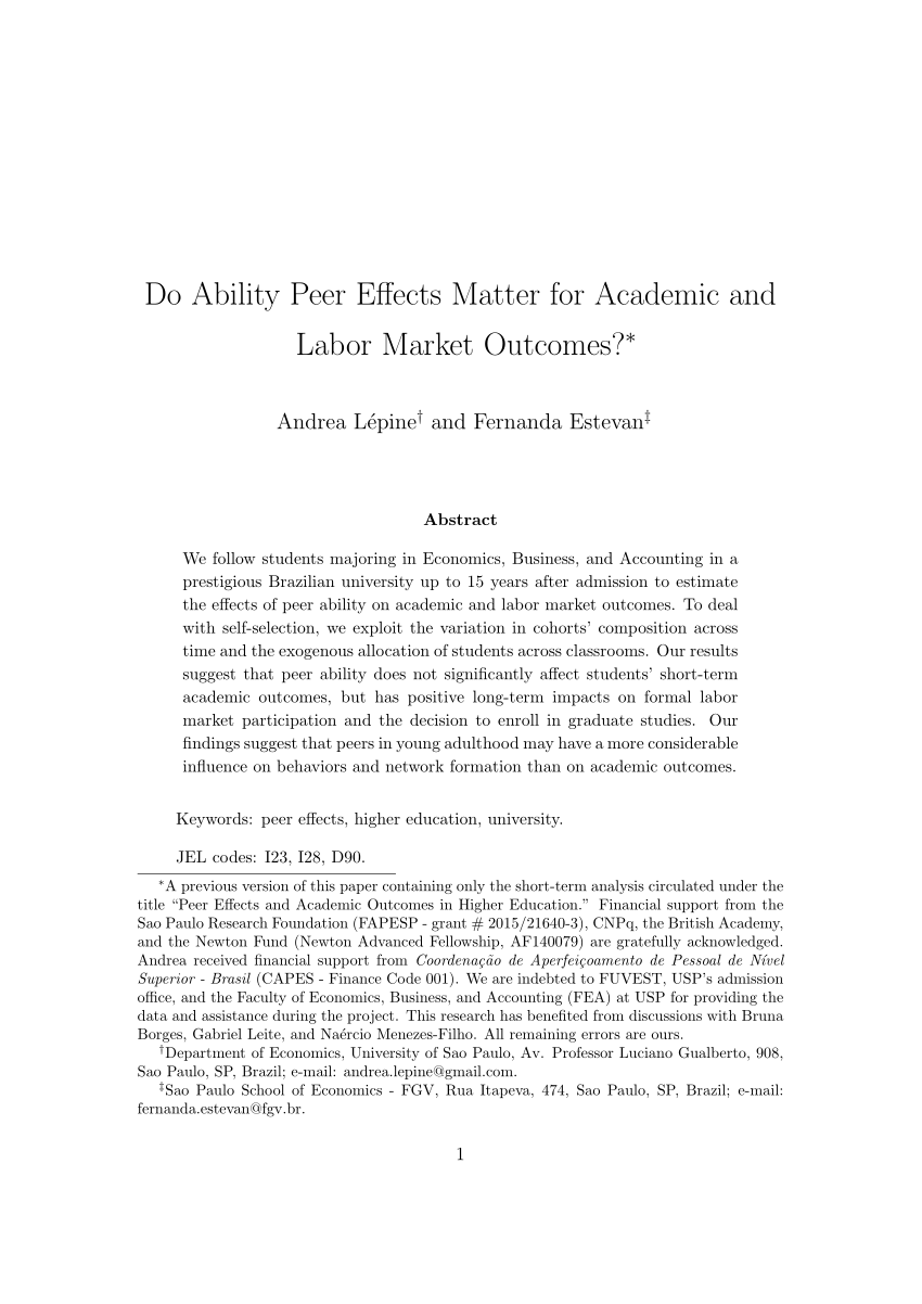 PDF) Do Ability Peer Effects Matter for Academic and Labor Market