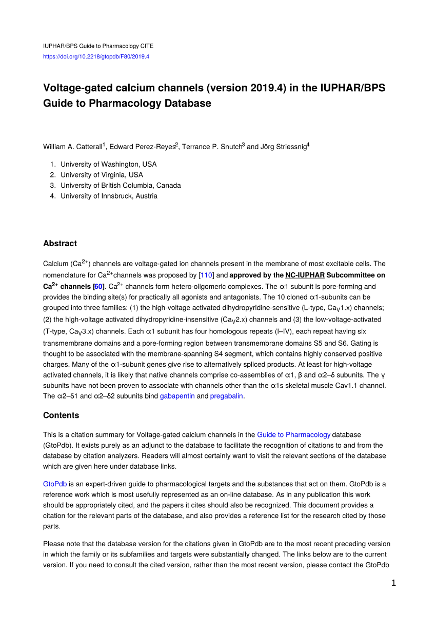 PDF) Voltage-gated calcium channels (version 2019.4) in the IUPHAR 