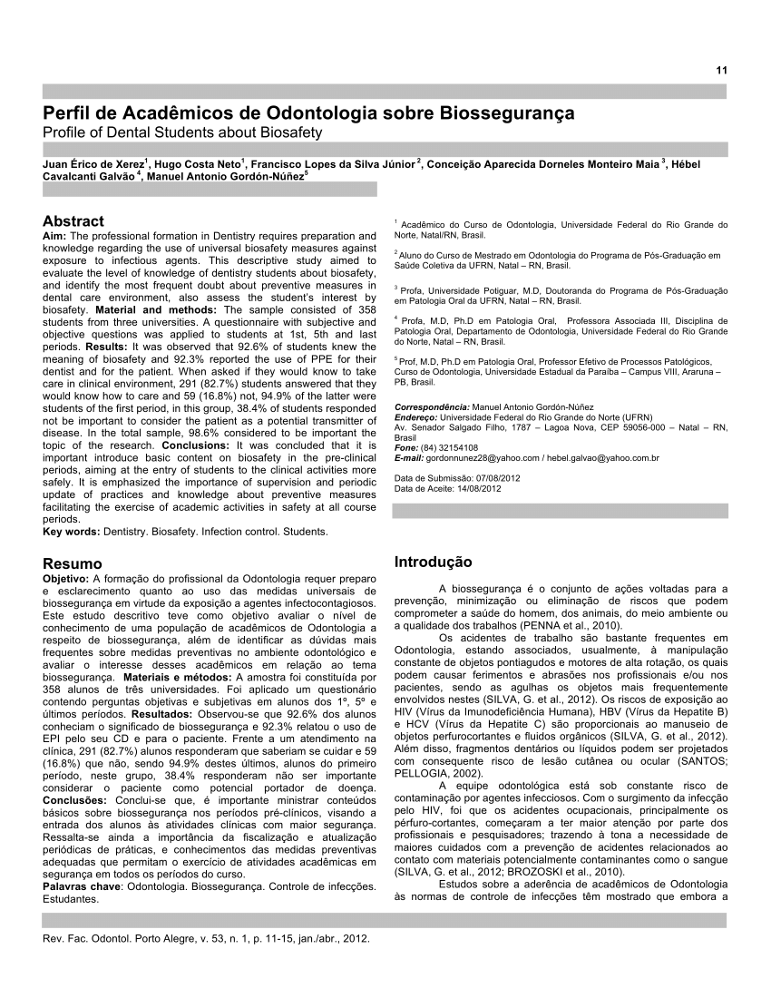 PDF) Perfil de acadêmicos de Odontologia sobre biossegurança