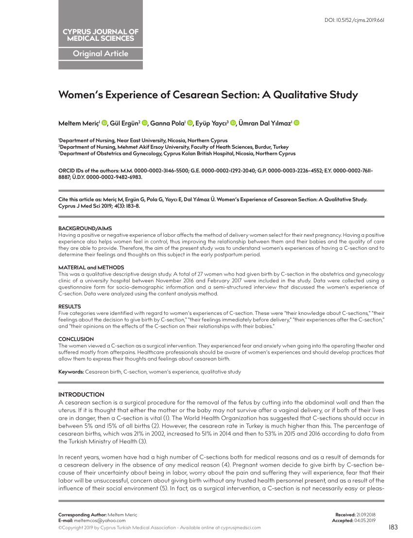 Pdf Women S Experience Of Cesarean Section A Qualitative Study