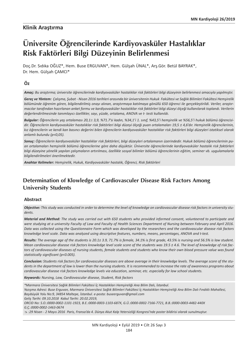 PDF Klinik Araştırma Determination of Klowledge of Cardiovasculer  