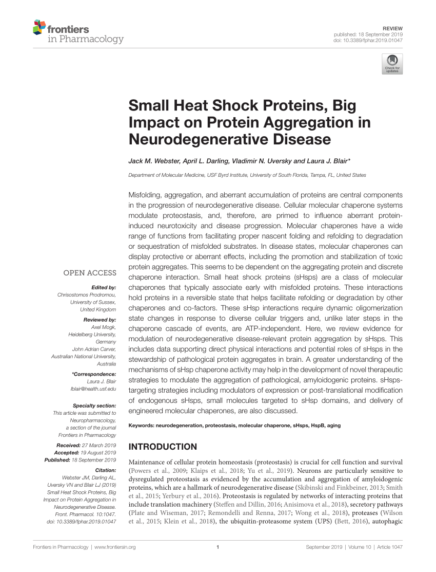 PDF) Small Heat Shock Proteins, Big Impact on Protein Aggregation Neurodegenerative Disease