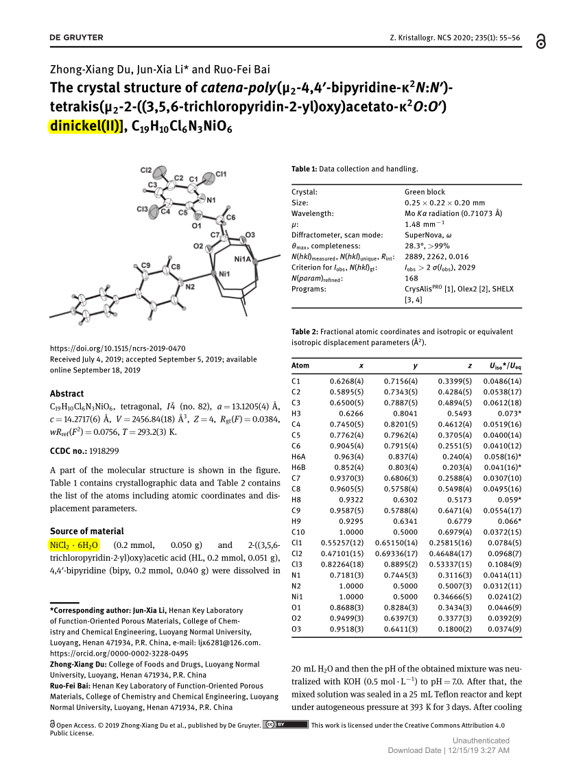 Pdf The Crystal Structure Of Catena Poly M2 4 4 Bipyridine K2n N Tetrakis M2 2 3 5 6 Trichloropyridin 2 Yl Oxy Acetato K2o O Dinickel Ii C19h10cl6n3nio6