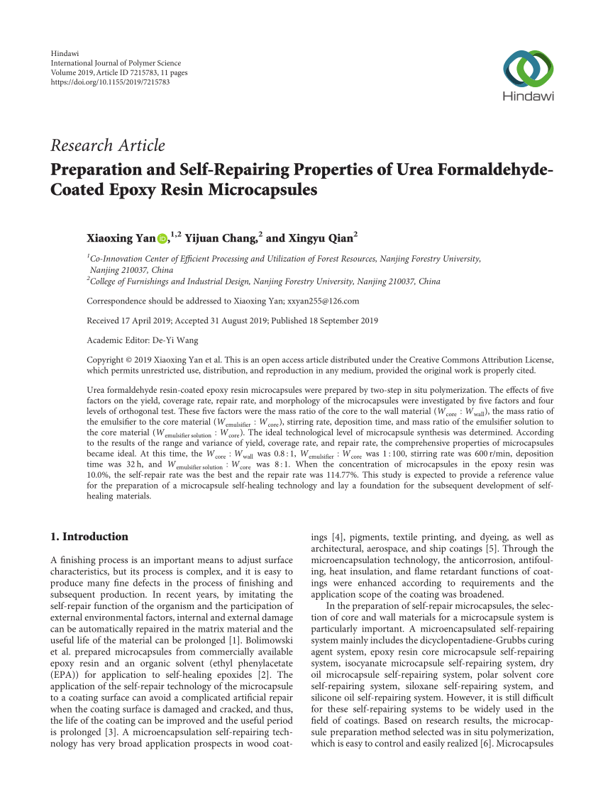 (PDF) Preparation and SelfRepairing Properties of Urea Formaldehyde