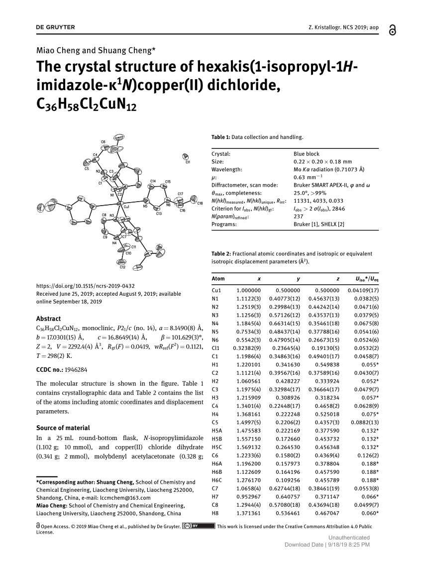 Pdf The Crystal Structure Of Hexakis 1 Isopropyl 1h Imidazole K1n Copper Ii Dichloride C36h58cl2cun12