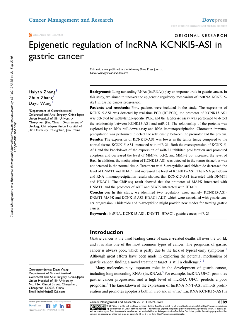 Pdf Epigenetic Regulation Of Incrna Kcnki5 Asi In Gastric Cancer