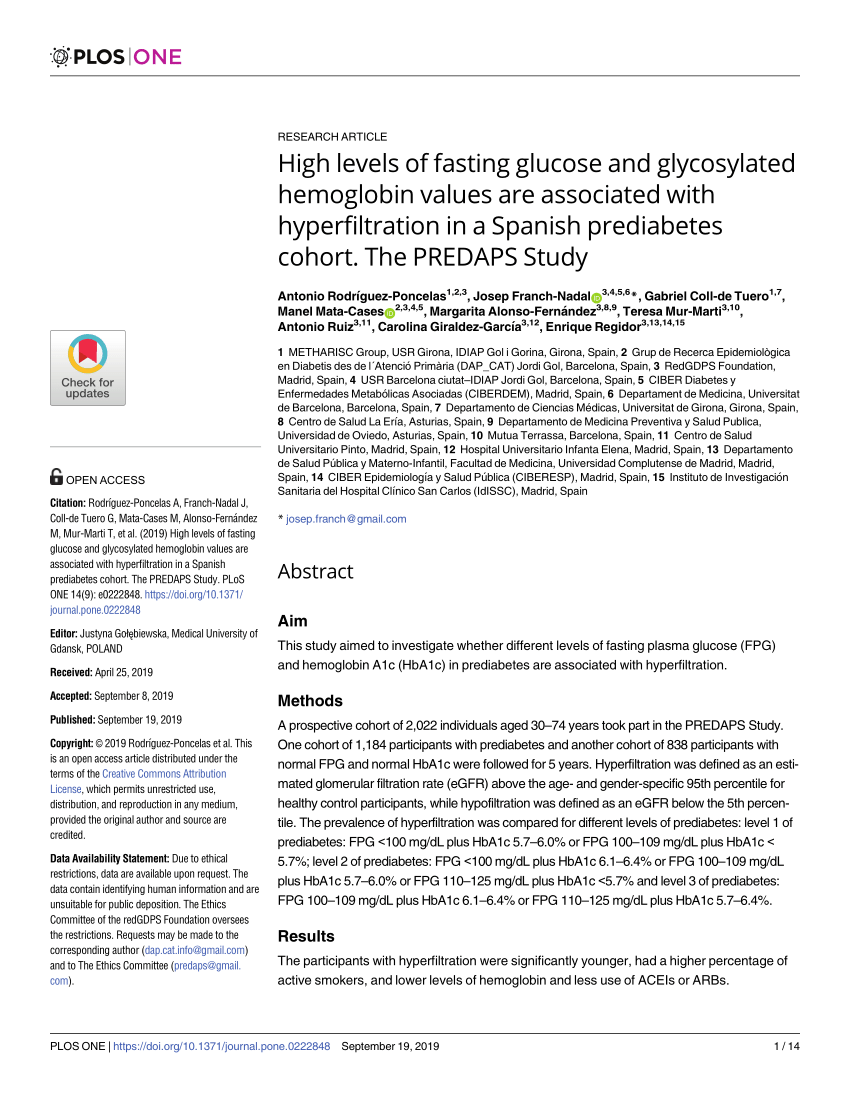 Pdf High Levels Of Fasting Glucose And Glycosylated Hemoglobin Values Are Associated With Hyperfiltration In A Spanish Prediabetes Cohort The Predaps Study
