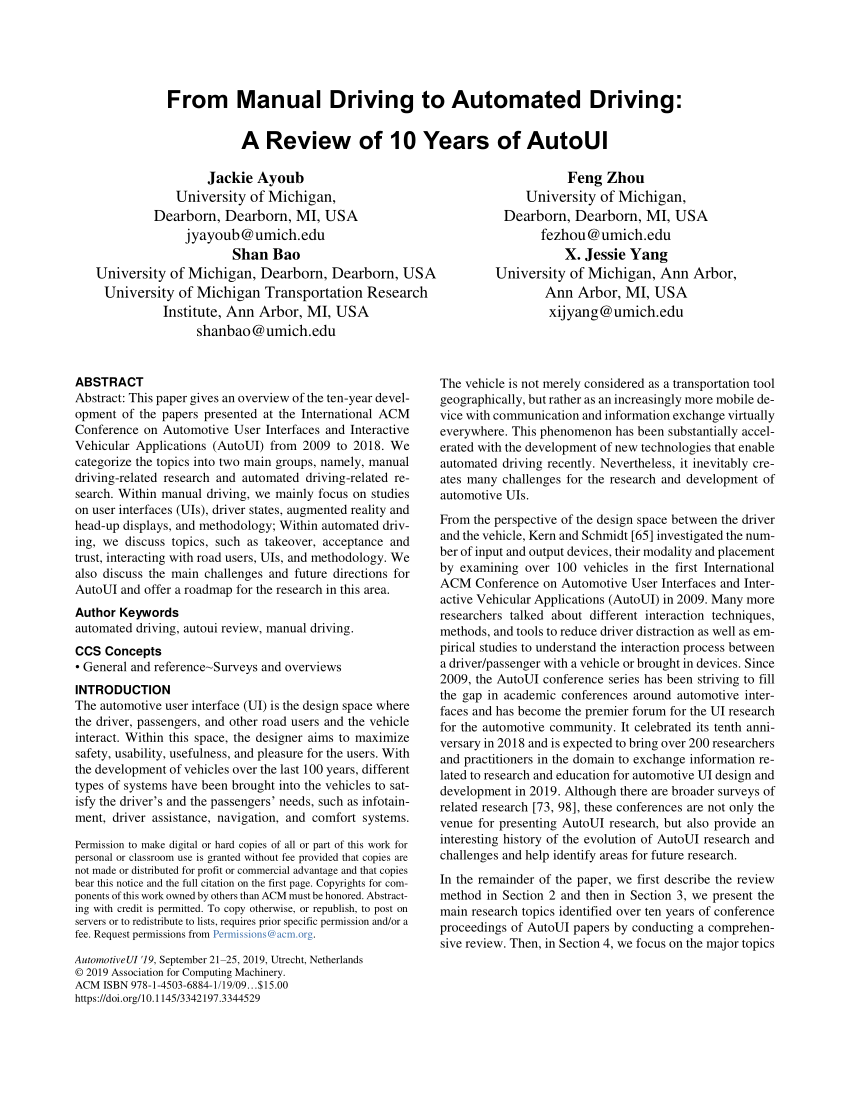 (PDF) From Manual Driving to Automated Driving: A Review of 10 Years of