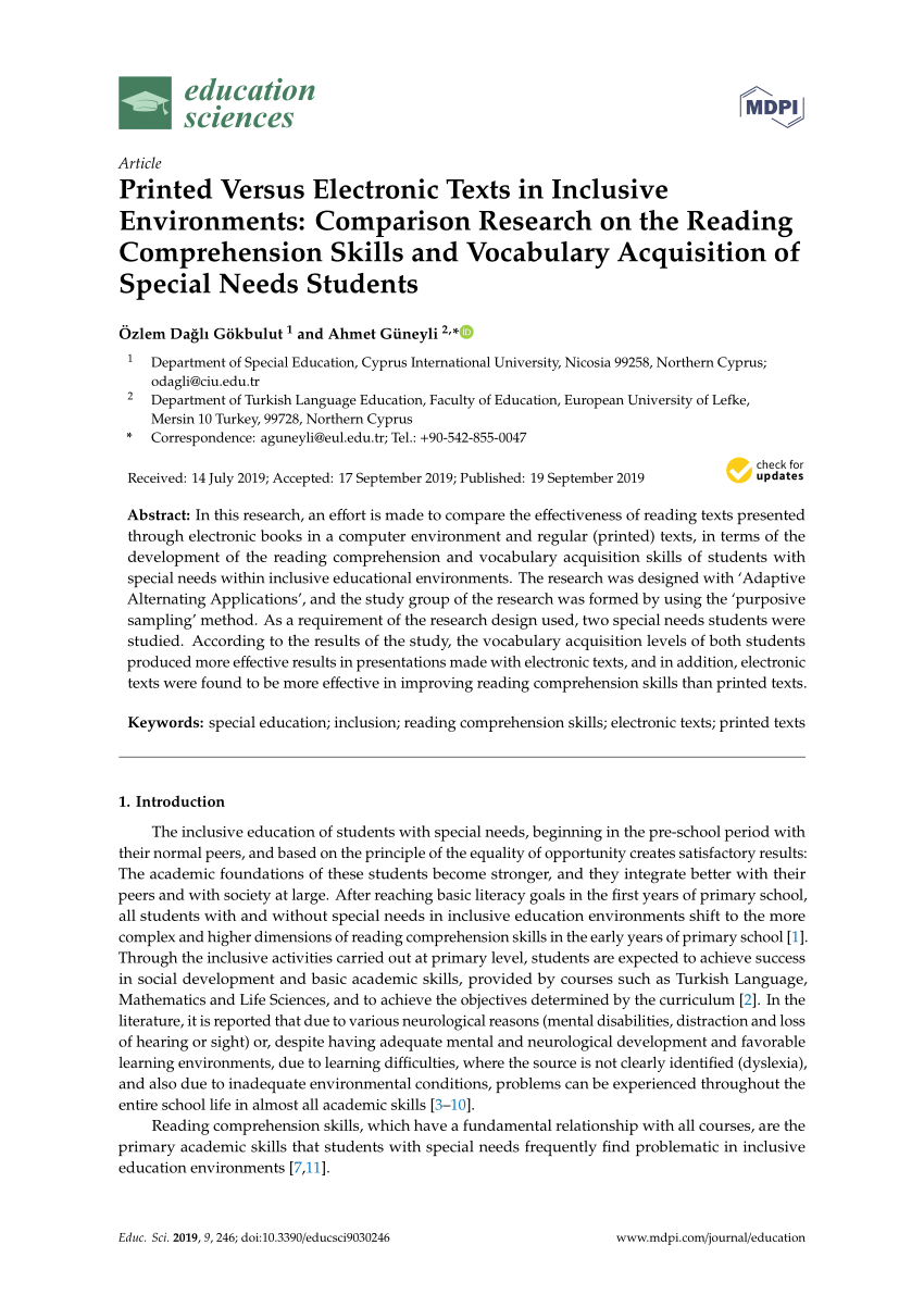 Pdf Printed Versus Electronic Texts In Inclusive Environments Comparison Research On The Reading Comprehension Skills And Vocabulary Acquisition Of Special Needs Students
