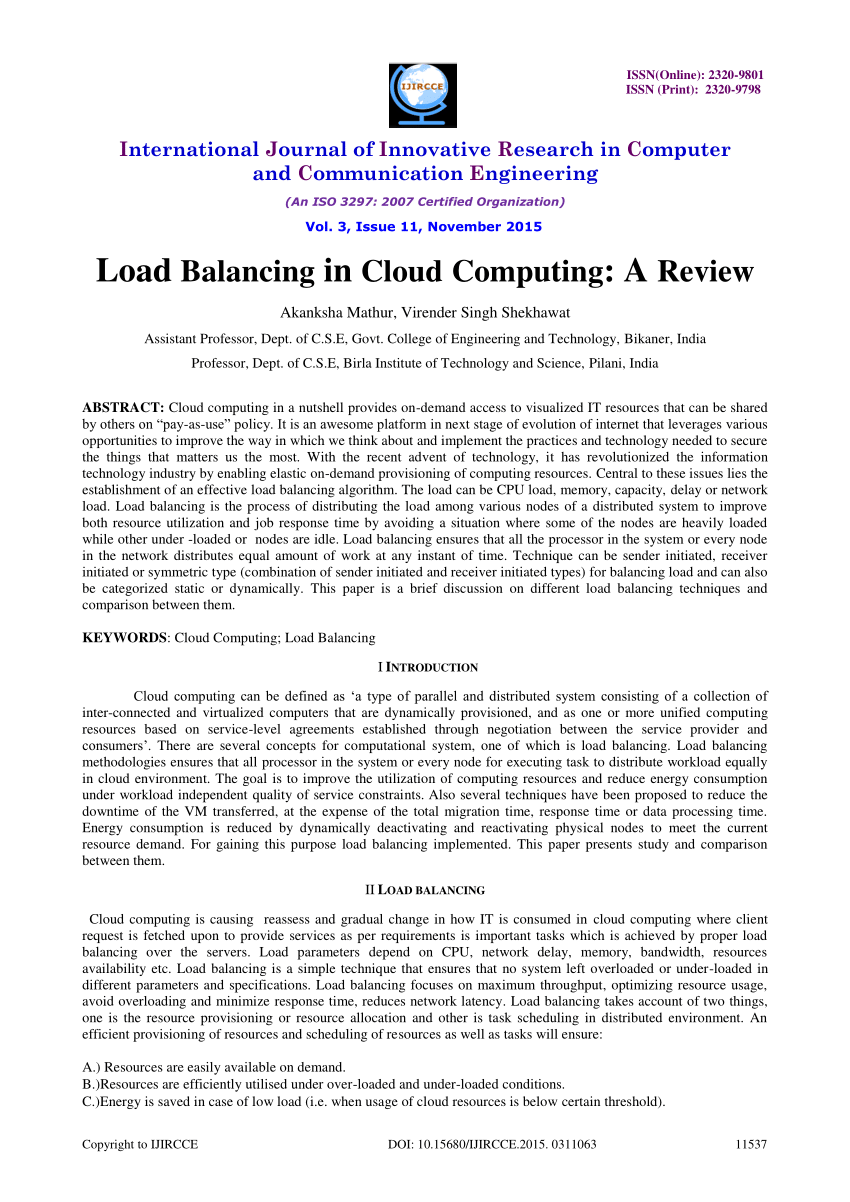 load balancing in cloud computing research paper 2019