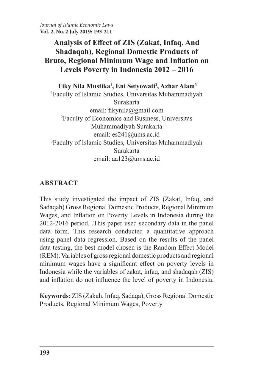 Pdf Analysis Of Effect Of Zis Zakat Infaq And Shadaqah Regional Domestic Products Of Bruto Regional Minimum Wage And Inflation On Levels Poverty In Indonesia 2012 2016