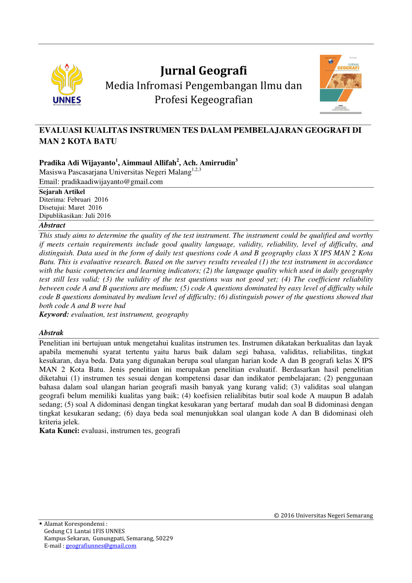 Pdf Evaluasi Kualitas Instrumen Tes Dalam Pembelajaran Geografi Di Man 2 Kota Batu